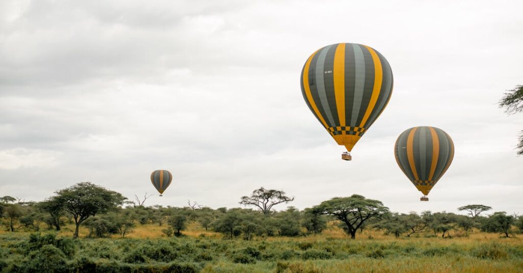 Captivating hot air balloon ride over the serene African savanna under a cloudy sky.